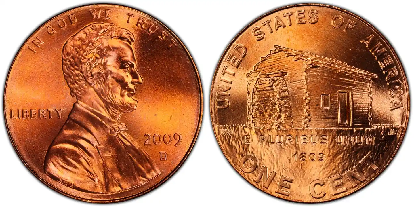 Obverse and reverse of 2009 d penny (first type of new design)