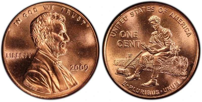 Obverse and reverse of 2009 penny formative years (no mint mark from Philadelphia) - the 2nd type of new design.