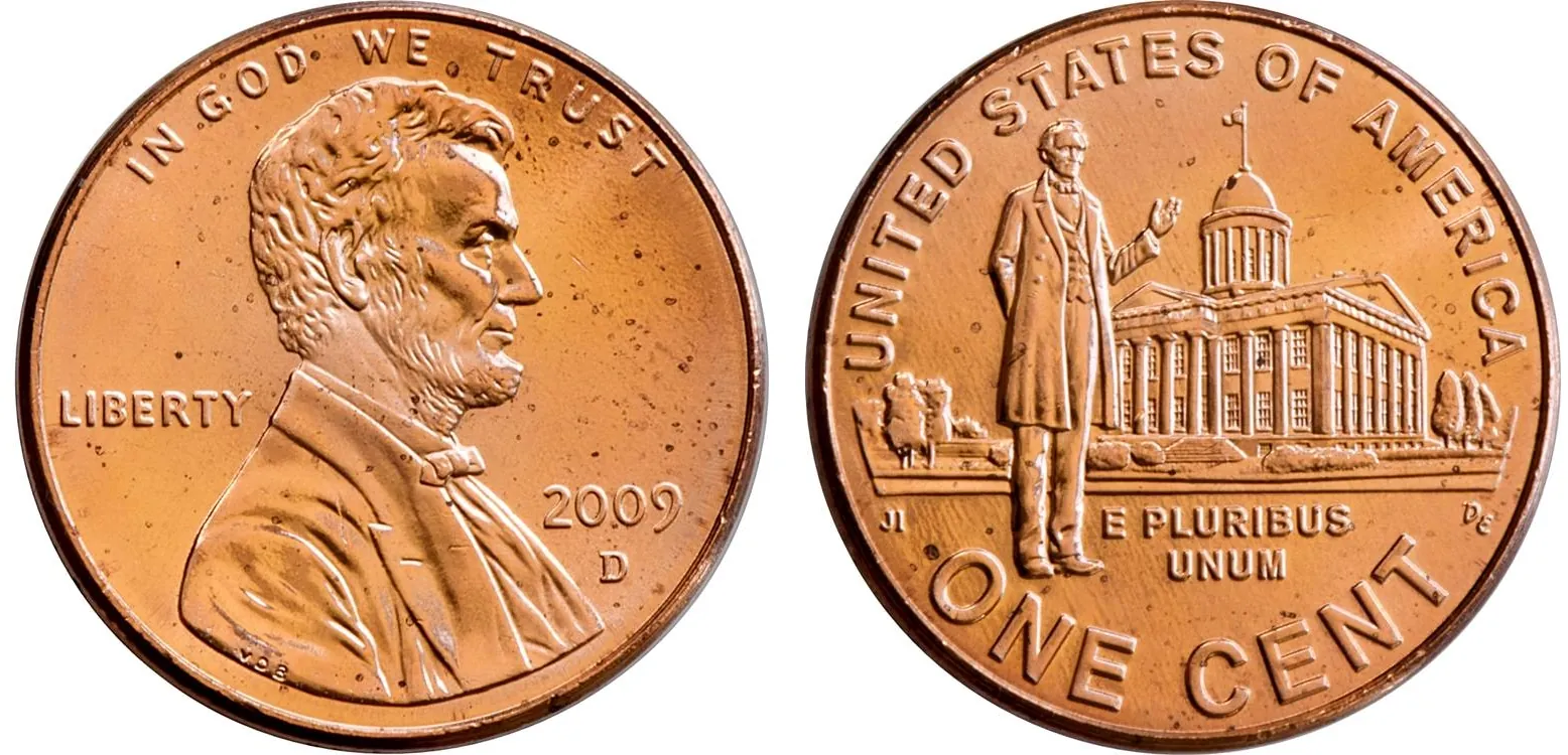 Obverser and reverse of 2009 lincoln bicentennial penny with man standing on the back.