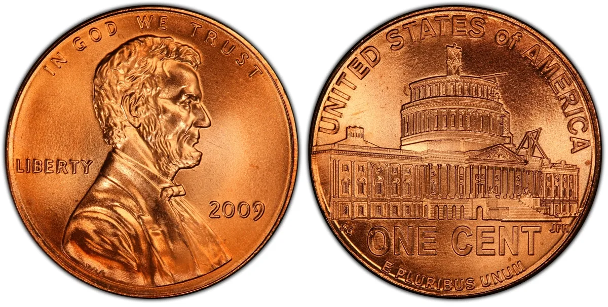 Obverse and reverse of 2009 lincoln penny no mint mark showing presidential times.